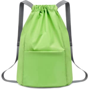A green bucket drawstring backpack with adjustable grey straps and a front pocket. It features a simple, modern design.