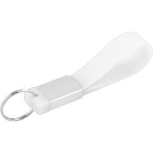 A white silicone tag flash drive with a keyring attachment, featuring a sleek, minimalist design.