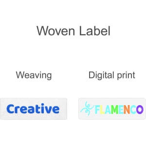A woven label displaying the word "Creative" in blue and a digital print label with "FLAMENCO" in multicolours.