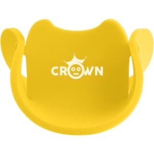 A yellow, flexible party hat with a rounded design and a logo feature. Suitable for festive occasions.