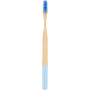A large round handle toothbrush featuring a bamboo body and blue bristles with a blue bottom section.