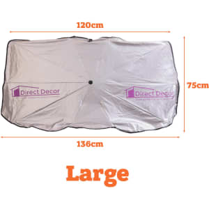 A large silver car shade umbrella featuring a central opening and a branding logo, measuring 136cm by 120cm.