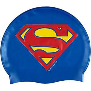 A blue swimming cap featuring a large red and yellow logo with an emblem. It has a smooth surface and rounded shape.