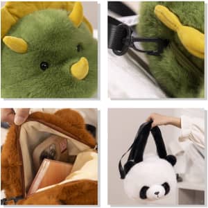 A green plush handbag with yellow accents and a panda plush handbag with black ears, both with interior compartments.