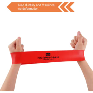 A red latex-free TPE fitness resistance band held by two hands, featuring a logo in the centre.