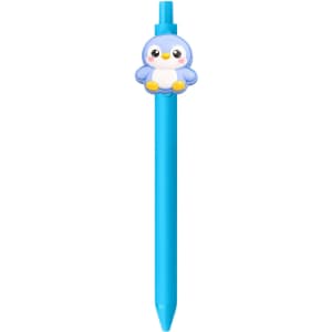 A blue PVC pen featuring a cute penguin character on the top and a logo.
