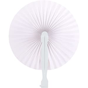 A round plastic paper fan in pale pink with a white handle, featuring a pleated design. It includes a logo.