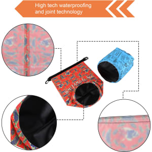 A colourful dry bag featuring intricate patterns, showcasing high-tech waterproofing and joint technology. It has a logo.