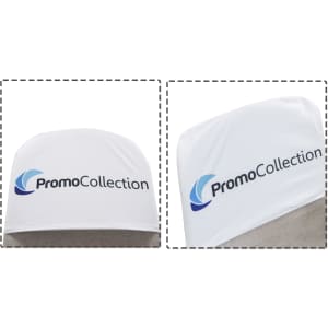 A white half chair cover featuring a logo, designed for exhibitions and events.