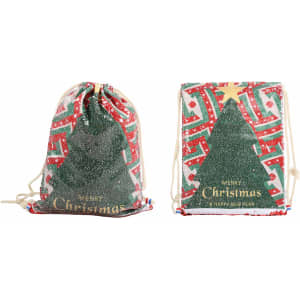 A sequin drawstring bag featuring a Christmas tree design in green, red, and gold, with a logo visible.