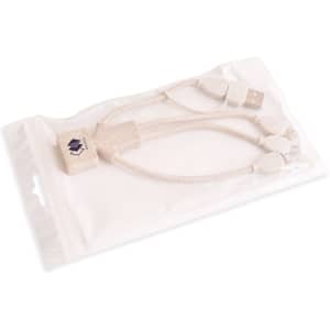 A Wheat Straw Charging Cable in a man shape, featuring a beige colour, packaged in a clear plastic sleeve.