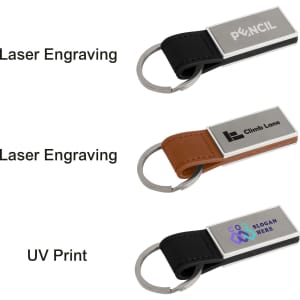 A metal keyring with a PU leather strap in black and brown, featuring areas for laser engraving and UV printing.