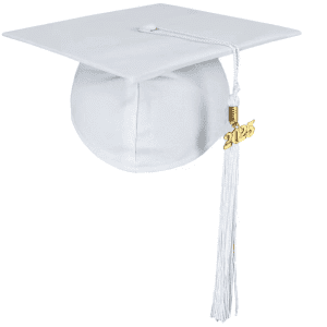 A white mortarboard graduation cap featuring a gold tassel with the year 2025 and a casual logo.