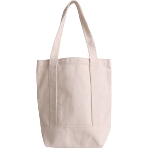 A cream-coloured cotton tote bag with sturdy handles and a flat base. It features a logo on one side.