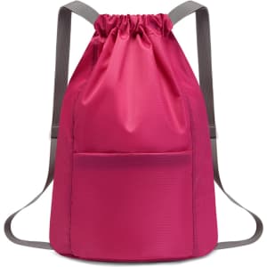 A pink bucket drawstring backpack featuring a front pocket and grey straps, with a branded logo.