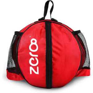 A red ball backpack with mesh side pockets and a zippered main compartment, featuring a logo.