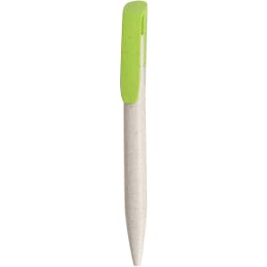 A Wheat Straw Click Pen in light cream with a green clip, featuring a subtle texture and a branding logo.