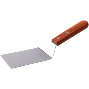 A stainless steel turner with a wooden handle, featuring a flat, wide blade. The handle has two metal rivets.