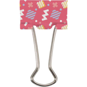 A pink binder clip with colourful geometric patterns and silver metal handles.
