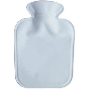 A white hot water bottle with a plush cover, featuring a smooth, rounded design. It has a small logo.