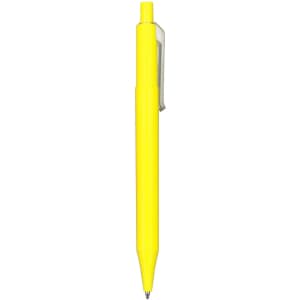 A bright yellow plastic pen with a clip, featuring a sleek barrel design and a branding logo.
