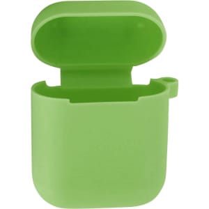 A green silicone protection case for AirPods, featuring a compact design with an open lid.