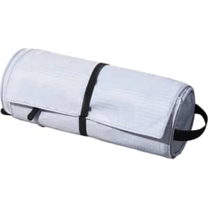 A rolled, grey multifunctional toiletry travel bag with black straps for easy carrying. Contains a branding logo.