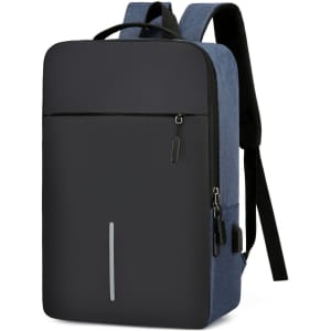 A blue and black laptop backpack featuring a USB charging port, smooth surface, and adjustable straps.