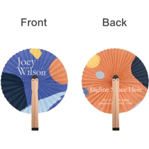 A round wooden paper fan featuring a blue and orange design on one side and a plain orange on the reverse with a logo.