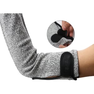 A pair of grey cut resistant sleeves is shown, featuring a black fastening and textured fabric.