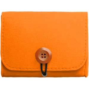 An orange felt bag with a button closure and elastic band, featuring a simple and compact design.
