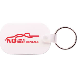 A white Oblong Durasoft keyring featuring a circular metal ring and a logo in red.