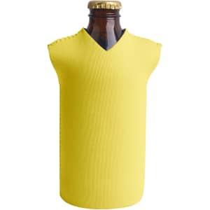 A drink bottle cooler in bright yellow, designed with a v-neck shape, featuring a bottle inside.