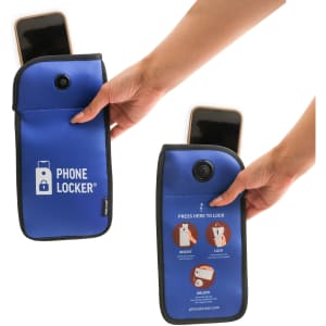 A blue Phone Locker® lockable phone pouch held in hands, featuring a pocket for a mobile phone and a button for locking.