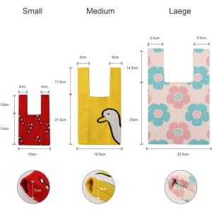 Three knitted knot handbags in red, yellow with a duck design, and pastel blues with flower patterns, displaying size dimensions.