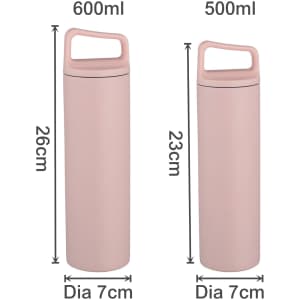 A drink bottle in pink with a handle, available in 500ml and 600ml sizes, featuring a sleek design.
