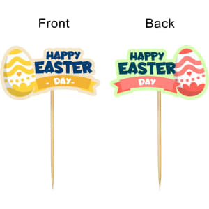 A pack of 100 custom-coated paper toothpicks featuring colourful Easter designs on both sides.