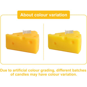 Triangle-shaped candles in bright yellow with a white wick, featuring textured holes resembling cheese. Includes a logo.