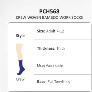A pair of crew woven bamboo work socks in purple, featuring a logo and detailed specifications.