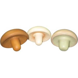 A set of three mushroom-shaped stress relievers in brown, white, and light green. Each features a soft, squishy design.