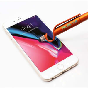 An orange stylus ball pen with a mobile holder is positioned over a smartphone screen, featuring a logo.