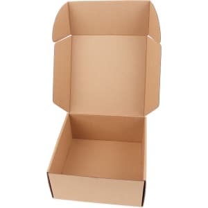 An open brown cardboard box with flaps, featuring a simple design and a spacious interior.