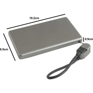 A grey 5000mAh aluminum power bank with a detachable charging cable and a logo. Dimensions are indicated.