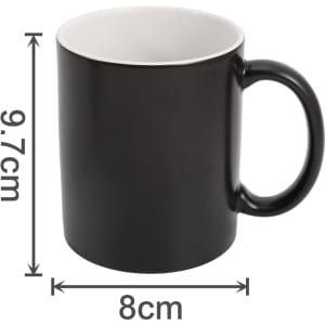 A black mug with a white interior, featuring a handle and dimensions marked alongside. It has a logo on the surface.