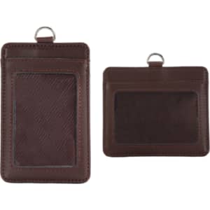 A brown PU leather card holder with two compartments, one clear and one opaque, featuring a ring attachment.