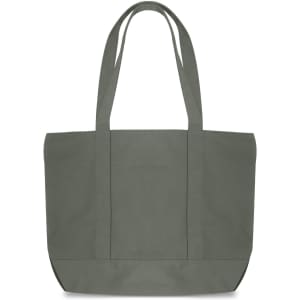 A canvas zippered tote shoulder bag in a muted green colour with long shoulder straps and a simple design.