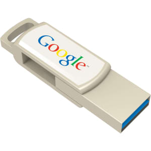 A silver and blue flash drive with a logo, featuring a glossy surface and a removable cap.