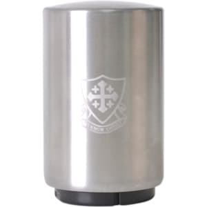 A drink bottle opener made of stainless steel with a black base, featuring an engraved logo on the front.