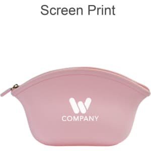 A pink silicone cosmetic bag with a curved design and a logo on the front.