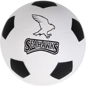 A white and black football-shaped stress reliever featuring a logo on one side.